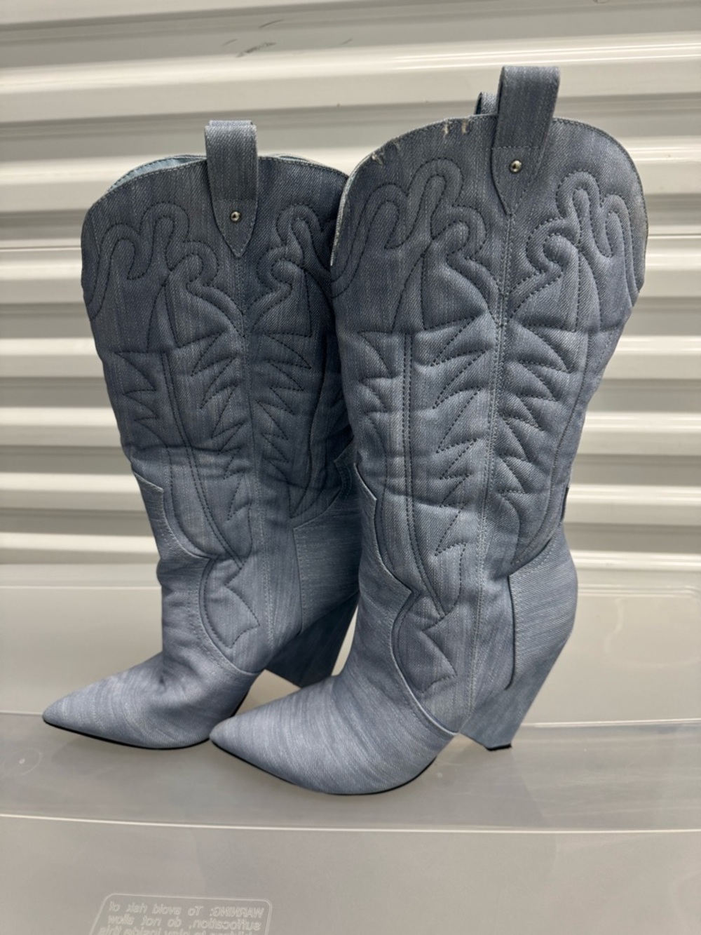 Light Blue Denim-Textured Western Knee-High Boots